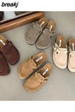 New Spring Suede Flats Close Toe Slippers Women Flat Thick Bottom Mules Shoes Fashion Outdoor Slides Retro Britain