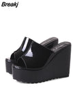 Concise Leather Peep Toe Wedges Slippers Sandals Women 12 CM High Heels Female Platform