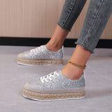 Women Sneakers Woven Gold Sequins Single Shoes Round Head Lace-Up Retro Platform Flats Shoes Light Cozy Walking Vulcanized