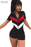Sport Women Rompers Zipper Bodycon Jumpsuit Striped Patchwork Casual Slim Overalls Short Sleeve Streetwear