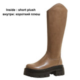 Women Genuine Leather Knee High Boots Round Toe Platform Thick High Heel Zipper Long Boot Ladies Shoes Autumn Winter