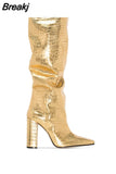 Women's Knee High Boots Tall Canister Sexy Women Boots Pointed Toe Chunky Heel Crocodile Print Women Boots High-heeled
