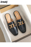 mules fashion design Flat Square Toe Chain Backless Shoes Summer outdoor and indoor office wear White black slipper