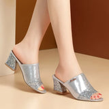 Size 43 Women's Slippers 2024 New Summer Fashion Sequin Cool Slippers Outer Wear Women's Thick Heel Slippers Ladies