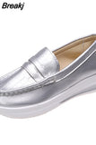 Women 2023 Autumn Sliver Gold Platform Sneakers Slip On Pu Loafers Vulcanized Shoes Casual Ladies Wedges Moccasins Plus