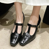 Mary Janes Shoes Women 2024 Spring Pumps Square Toe Chunky Heel Leather Shoes Women Classics Elegant Mid-heel High