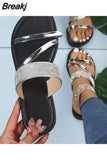 Flat Slip-On Sandals Bling Rhinestone Narrow Band Slippers Beach Shoes Casual Slides Summer 2023 New Women Gold