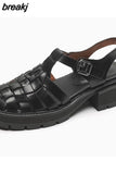 Size 34-40 Women Sandals Real Leather Rome Retro Medium Heels Shoes For Women Summer 2023 Fashion Platform