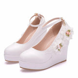 Queen White Platform Pumps Summer Women Lace Flower A Word Strap Large Size Wedding Wedges