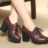 Women Pumps Shoes Genuine Leather Pointed Toe Lace-Up 8cm&5cm Thick High Heel Shallow Solid Casual Female Shoes Plus