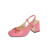 New Style Women Matte Thick Heels Soft Pumps Summer Sandals Woman Retro Fashion Metal Buckle High Heels Lady Dress