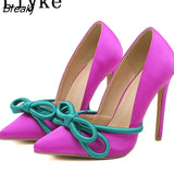 Elegant Party Wedding Banquet Shoes Sexy Green Silk Butterfly-knot High Heels Ladies Pointed Toe Stiletto Women