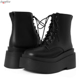 Ankle Boots For Women Girls Lace Up Fashion Chunky Punk Boots 2022 Brand New Flat Withe Goth Gothic Shoes Round