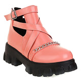 Motorcycle Boots Autumn For Women 2021 Comfy Chunky Heel Chelsea Boots Metal Chain Buckle Strap New Arrivals Pink