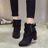 Chunky Heel Women Boots Retro Ankle Boots belt buckle Female Shoes vintage Round Toe Casual High Heels