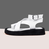 Women Sandals Genuine Leather 2023 Summer New Clip Toe Flats Shoes Gladiator Buckle Strap Muffin Sandals Casual Ladies