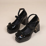 Women Heels Fashion Bow Heart Buckle Platform Lolita shoes Women Pumps Leather High Heels Square Toe Mary Janes Shoes