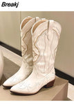 Boots Pointed Toe Mid Calf Boots Autumn Winter 2023 Vintage Style Embroidery Boots Thick Heels Comfy Walking Lady