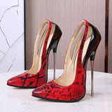 Snake Pattern Women Patchwork 16cm Extremely High Heels Plus Size 35-46 Pointed Toe Metal Stilettos Crossdressing