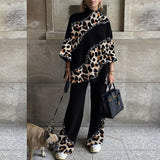 New Popular Turtleneck 2pc Sets Women Fashion Leopard Print Splicing Pullover Top + Wide Leg Pant Suit Lady Casual Home