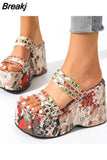 High Heeled 2023 New Fashion Women Sandals European Style Street Printed Sandals Slipper Vintage Comfy Walking