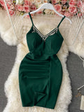 Rhinestone Tassels Mini Party Dress Women Summer new Spaghetti Strap V-neck Sleeveless Backless Slim Fit Night Club