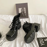 Platform Booties Lace-up Combat Short Shoes for Woman Black Women's Ankle Boots with Laces Punk Style Chunky Biker