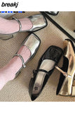 5CM Silver Thick Heels Mary Jane Shoes Women Buckle Strap Square Toe Pumps Woman Med Heele Patent Leather Shoes