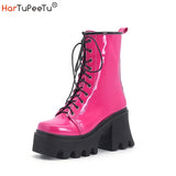 Boots Women Chunky Heel Rose Red Black Shoes Antumn Winter Patent Leather Combat Goth Lace Up Punk Ankle