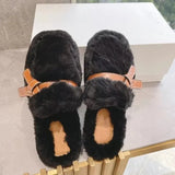 Round Toe Slippers Luxury Women Flat Feather Mules Shoes Winter Party Slides Comfort Fur Shoes Half