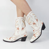 Boots For Women Pointed Toe Embriodery Mid Calf Boots Vintage Pull On Western Ankle Ridding Boots Autumn