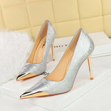 Breakj National Style Women's Shoes High Heels Silk Thin Heel Shallow Metal Pointed Head Satin Banquet High Heel Singles