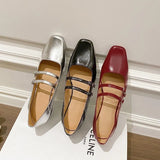 Soft Leather Mary Jane Shoes Female Retro Block Heel Square Toe Work Pumps New One-Word Buckle Strap Mid-Heel High