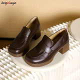 Women Heels Oxford Med Chunky Heel Pumps Shoes Retro Square Toe Slip On Leather England Style Spring Loafer Oxford