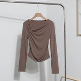 Side Bow Tie Design Folded Long-Sleeved T-Shirt Slim Thin Autumn Dress T-Shirt Short Top