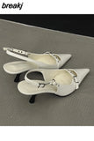 Slingback Sandals Women Med Heels Pumps Rivet Shoes Elegant Pointed Toe Female Mules Dress Slides Denim Sandalias