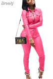 Spring 2023 PU Leather Two Piece Sets Women Lapel Button Long Sleeve Shirt Top And Pants Outfits Sexy Party