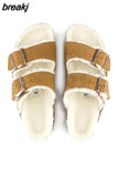 Unisex Plush Cork Slippers 2023 Women Casual Double Buckle Nubuck Leather Non-slip Men Outside Slides