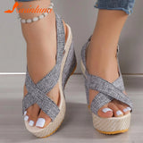 For Dropship 2023 New Summer Elegant Wedge Slide Sandals For Women Denim Single Band Flatform Sandals Beach