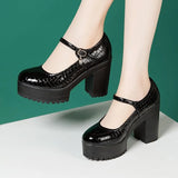 Round Head High-End Catwalk Shoes Thick Heel Waterproof Platform One-Word Buckle Model Comfortable Cheongsam High-Heeled