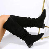 Pleated Boots Women Black Nude Faux Suede Flock Knee High Boot Ladies Flat Autumn Winter Dress Shoe 43 Solid Slip on