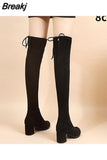 Suede Female Heels Autumn Zipper Elastic Knee-high Boots for Women Tube Lace-up Thigh Gigh Boots Black Botas Mujer