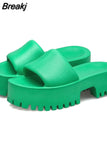 Dropship 2023 Summer Brand New Women Single Band Platform Sandals Black Nylon Chunky Platform Wedges Slipper