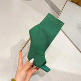 Spring Square Peep Toe Stretch Fabric Knitting Ankle Sock Boots Women Fashion Thin High Heels Dance Shoes Botas Beige