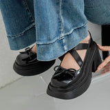 High Heels Platform Pumps Women 2023 Autumn Bowtie Crossed Straps Mary Jane Shoes Woman Pu Leather Thick Heeled Jk