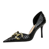 Breakj Banquet High Heels Fine Heel High Heel Shallow Tip Side Hollow Out Metal Diamond Buckle Single Shoes Women's