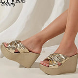 Platform Heels Slippers Female High Quality Pleated Peep Toe Gladiator Wedge Sandals Summer Women Slider Shoes Pumps