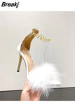 Women's High Heel Sandals 2023 New Trend Shoes for Women Feathers Pointed Chain Follow Sandal High Heel Shoes Lady