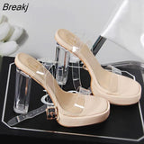 Strap Thick Square Heels Shoes Transparent PVC Woman Sandals Plus Ladies Thick-soled Clear Sandals Zapatillas Mujer