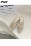 Women Slippers 2023 French Gentle Pleated Lazy Mule Drag Square Toe Flat Heels Brand Sandals Casual Slides Summer Shoes